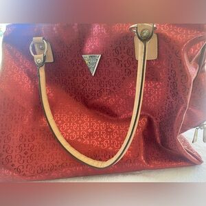 Guess Red and Tan Tote Bag with Monogram Pattern